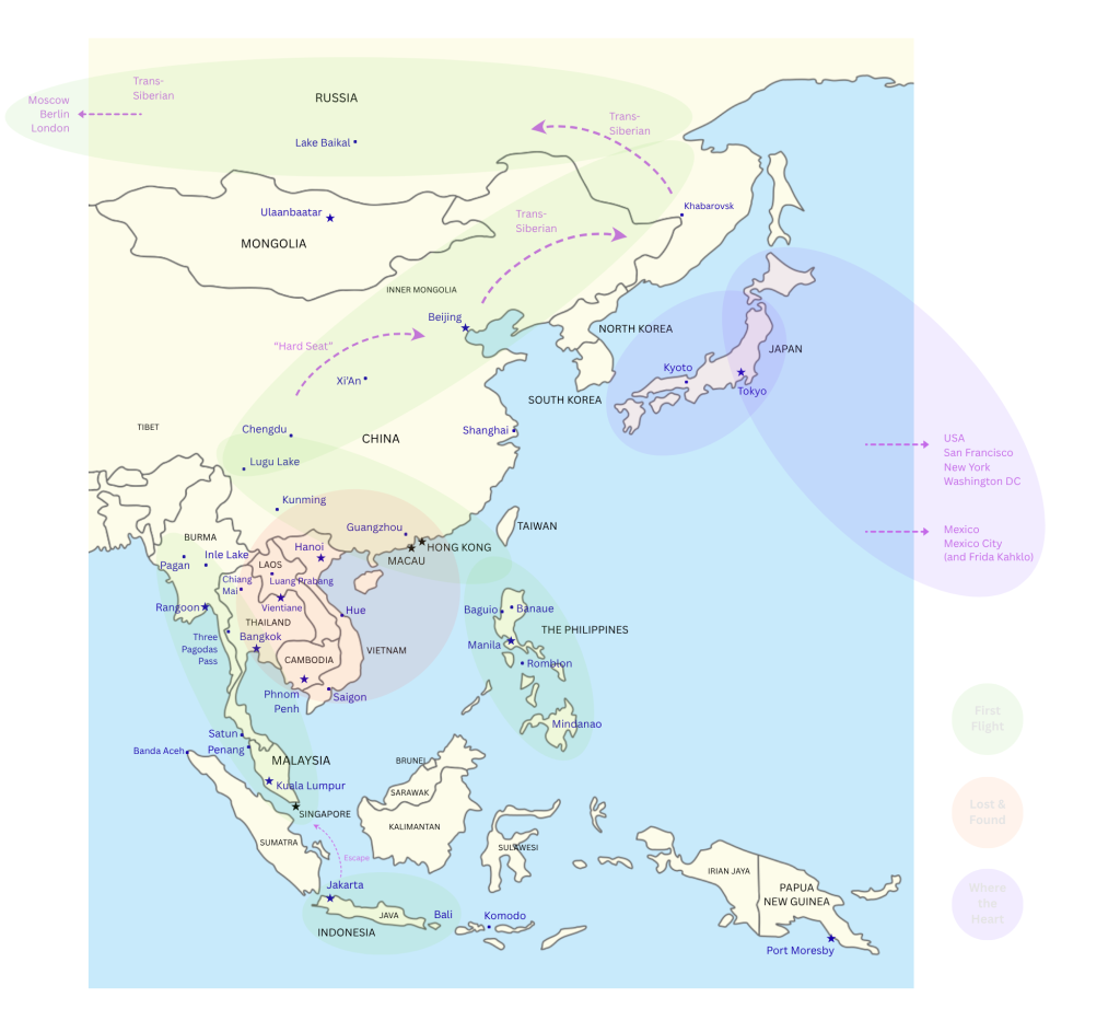 Map of East Asia showing towns and routes for Rubies and Rucksacks