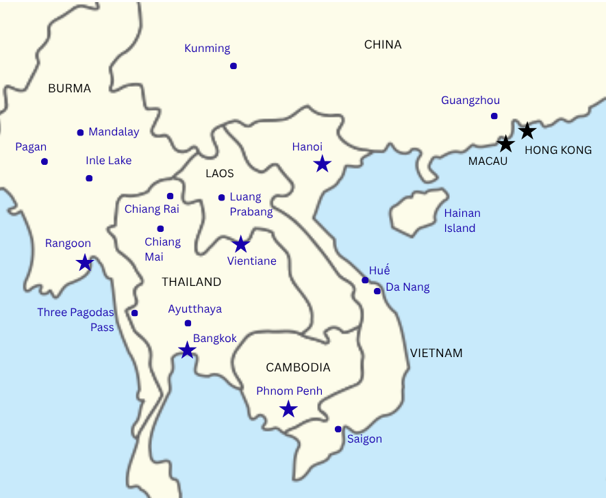 Map of Indochina and its surrounds as taken in the Rubies and Rucksacks fictional memoir.